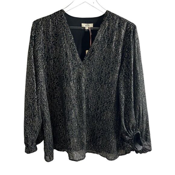 Entro V-Neck Long Sleeve Black Gold Speckled Top size large Balloon Sleeve NWT - Picture 1 of 12